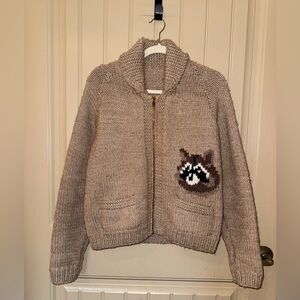 Vintage Cowichan-style Wool Knit Cardigan with Raccoon Stitch Tan Brown Full Zip